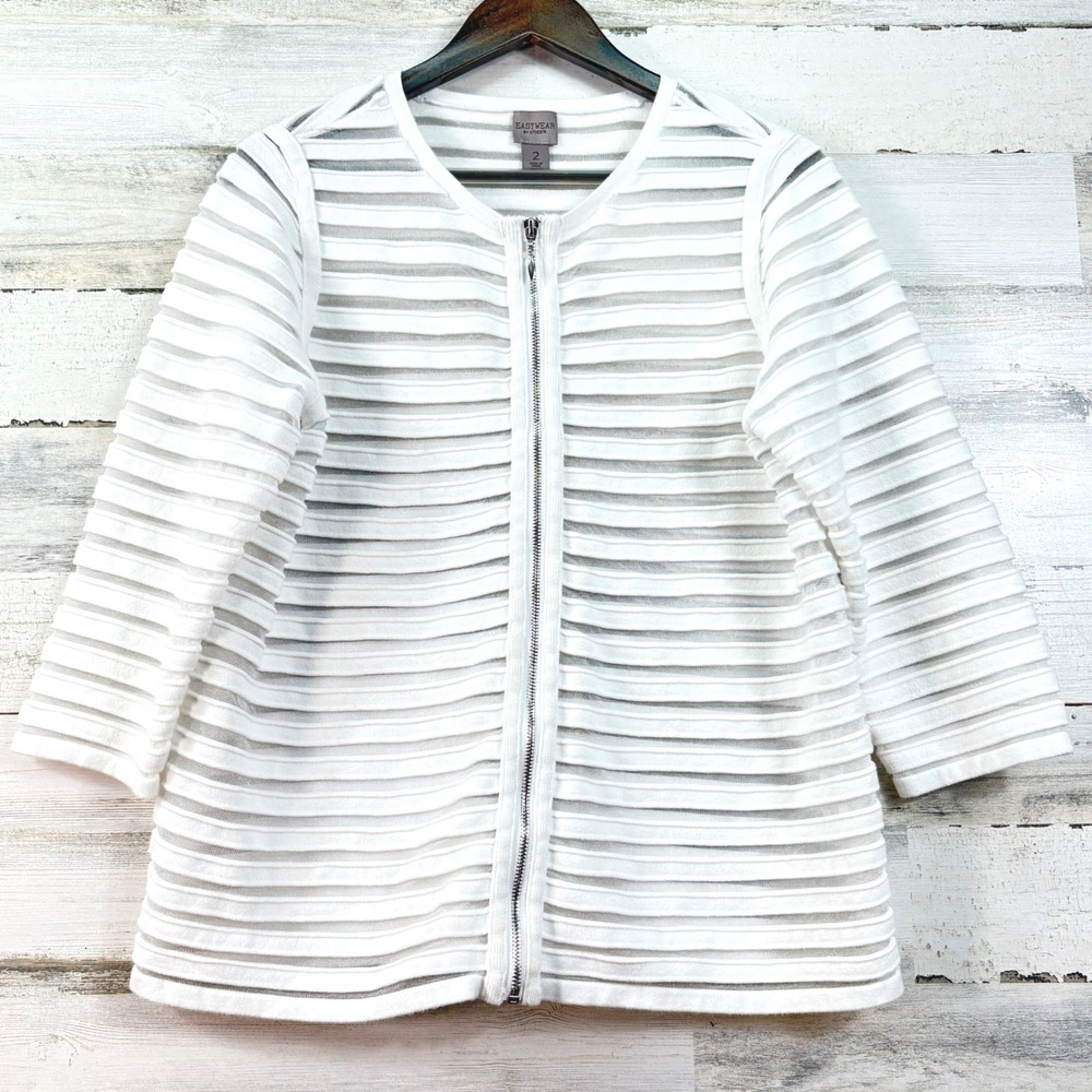 Easywear by Chico's White Textured Mesh Stripe Zip Front Jacket Size 2 Large